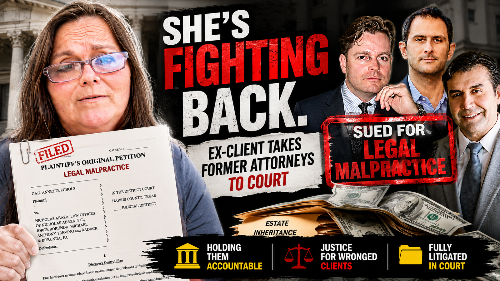 Thumbnail - Legal Malpractice Lawsuit - Gail Echols V. Nicholas Abaza, Jorge Borunda and Michael Trevino - Original Petition filed 3-28-2016