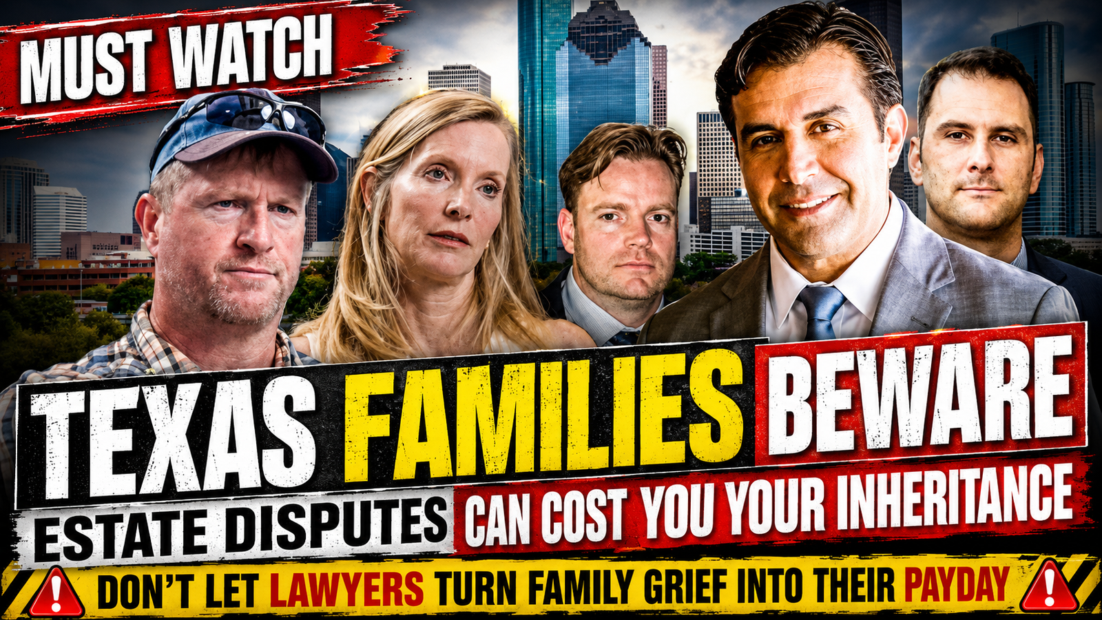 Must-watch consumer alert thumbnail warning Texas families in estate disputes that predatory lawyers can cost them their inheritance, featuring a family and attorneys against a Houston skyline with bold warning text.