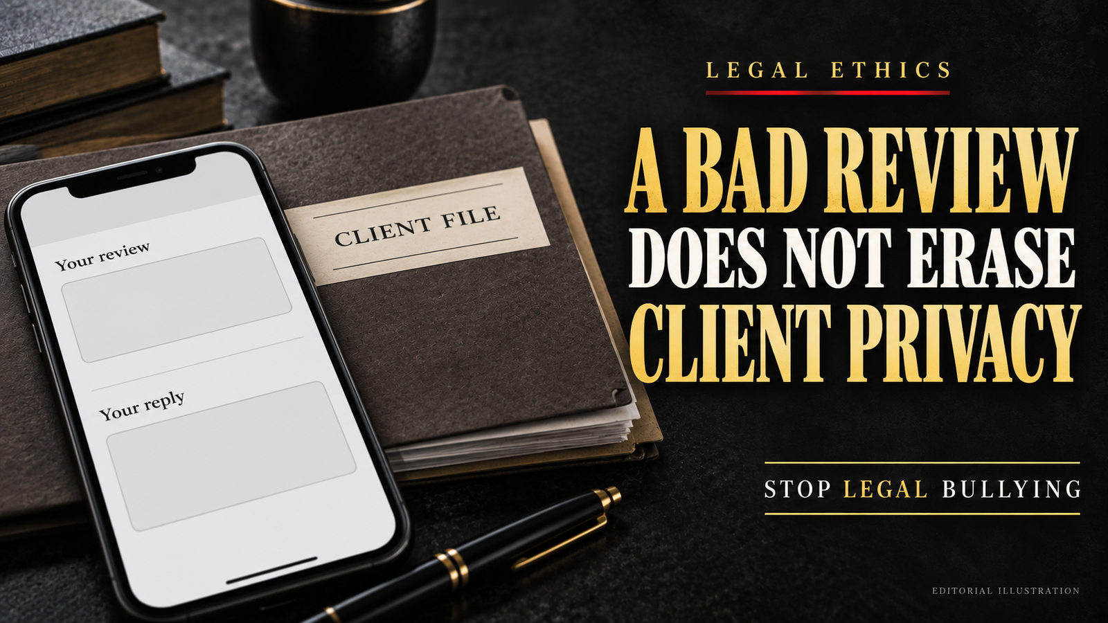 Editorial illustration of a blank phone screen and case folder with the headline “Bad review does not erase client privacy.”