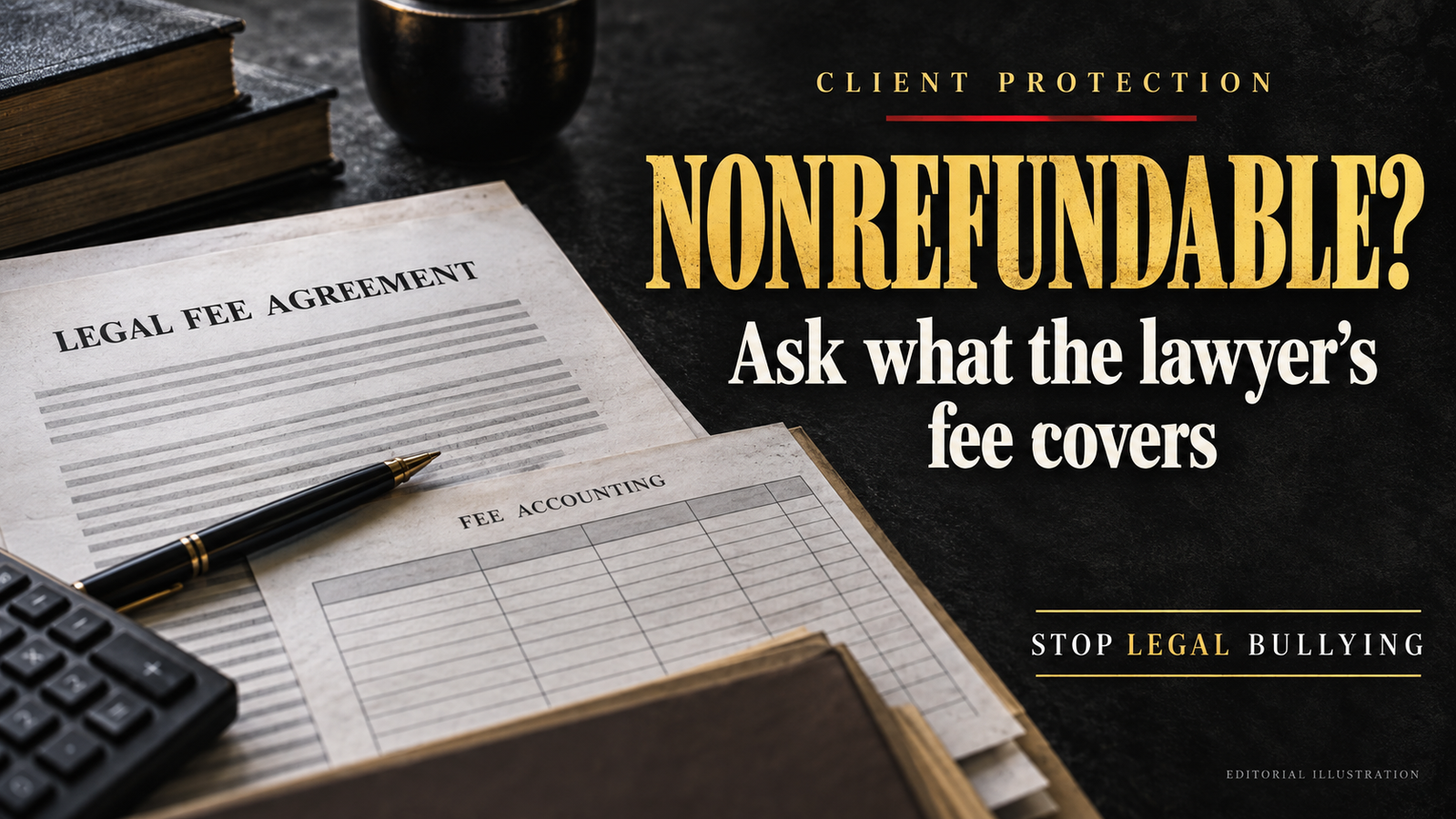 Editorial illustration of a legal fee agreement and accounting ledger, with the headline “Nonrefundable? Ask what the lawyer’s fee covers.”