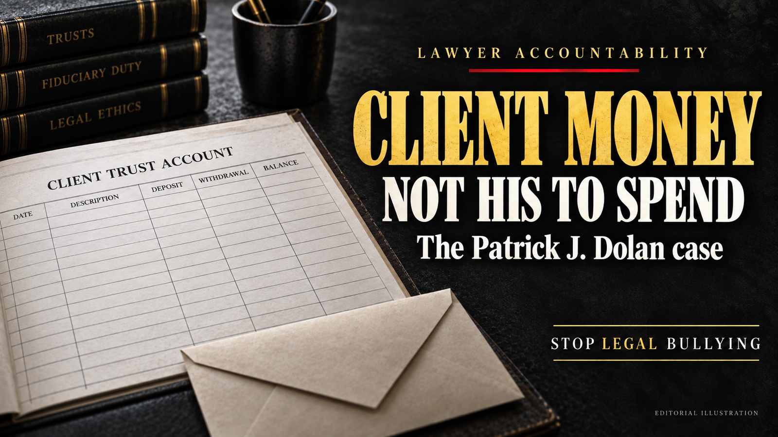 Editorial illustration of a client trust ledger with the headline “Client money: Not his to spend” for the Patrick J. Dolan case.