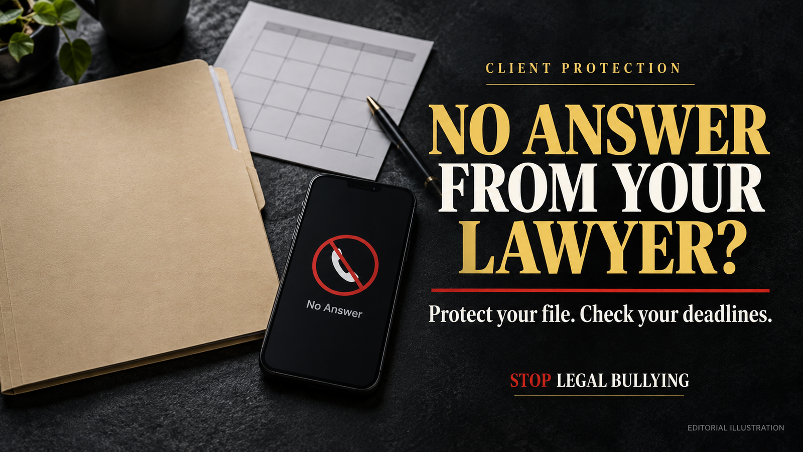 Editorial illustration of a telephone, client file and calendar, with the headline “No answer from your lawyer?”