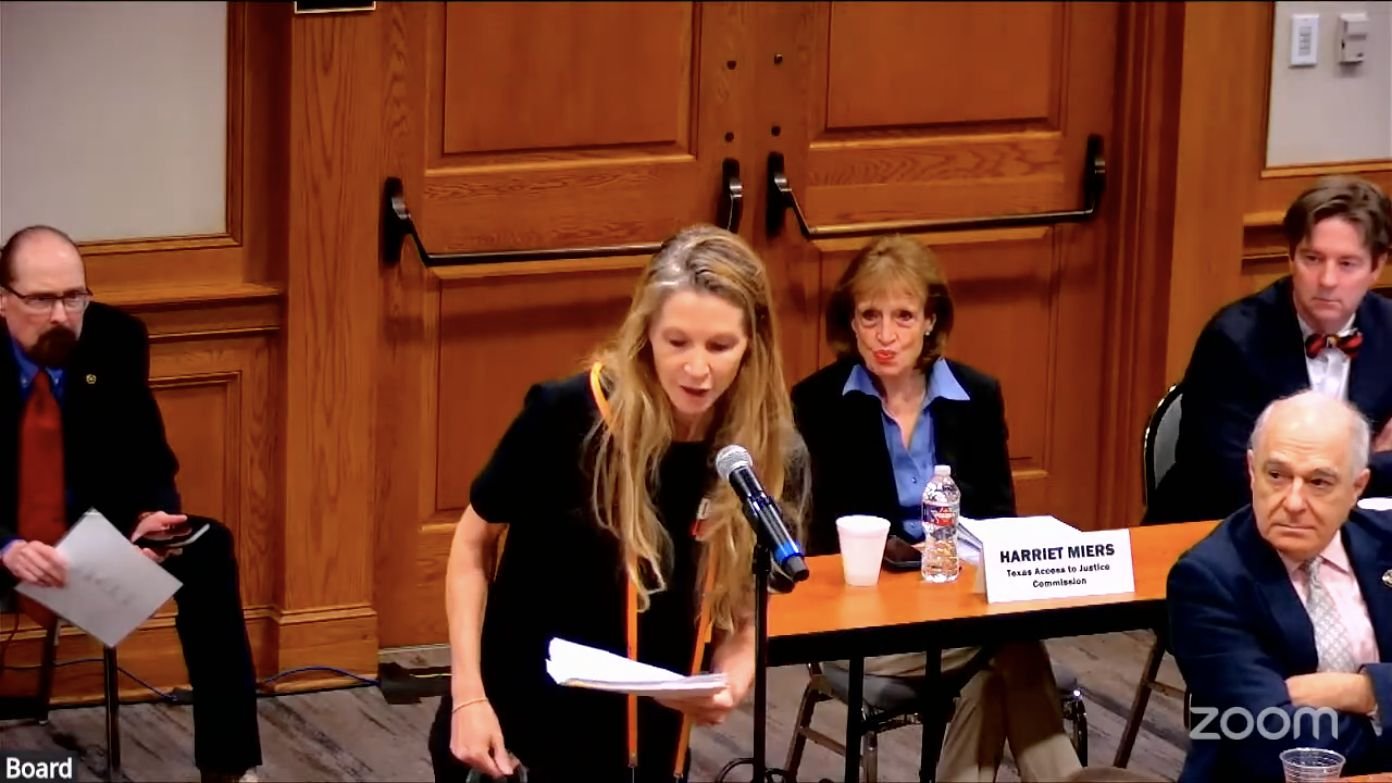 Caroline Allison speaking into a microphone at the September 25, 2026 State Bar of Texas Board meeting.