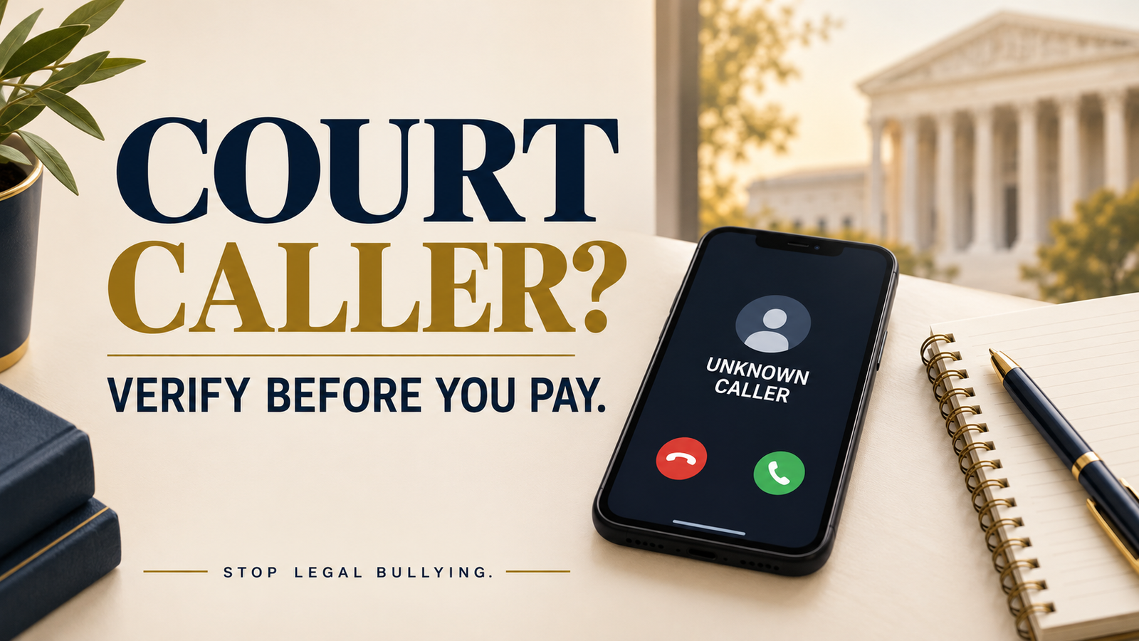 Conceptual illustration of an unknown caller on a phone beside a notepad and courthouse