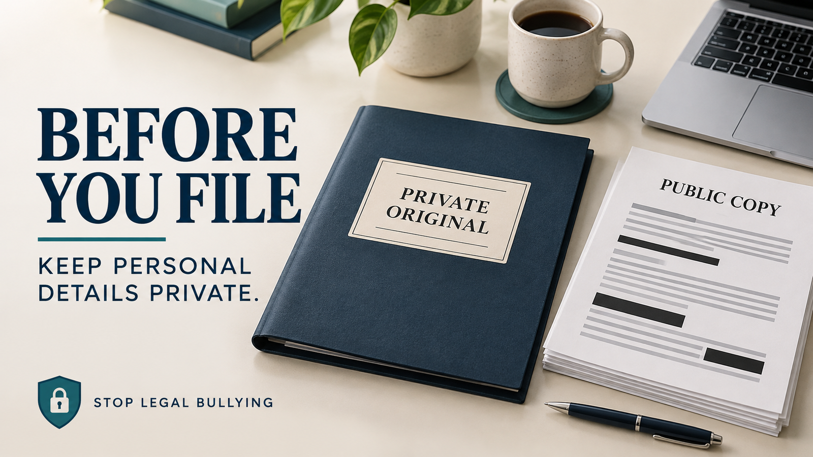 Conceptual illustration of a private original folder beside a separate public filing copy