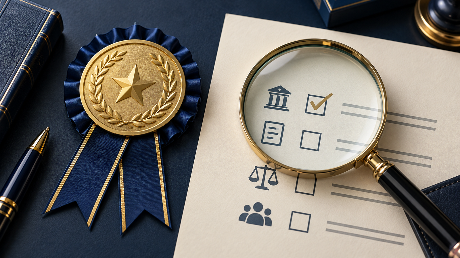 Conceptual illustration of an award ribbon beside a magnifying glass and credential checklist.